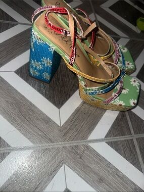 Wild Pair Green Daisy Slingback Heels with Multicolor Crystal Straps